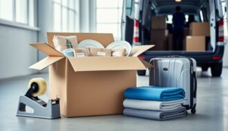 Packing supplies and household items in moving boxes next to a partially loaded moving truck door, suggesting organized long-distance relocation.