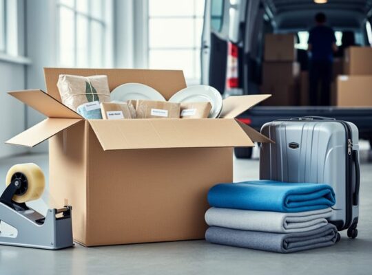 Packing supplies and household items in moving boxes next to a partially loaded moving truck door, suggesting organized long-distance relocation.