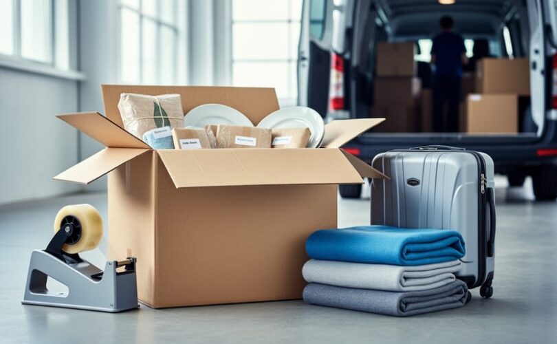 Packing supplies and household items in moving boxes next to a partially loaded moving truck door, suggesting organized long-distance relocation.