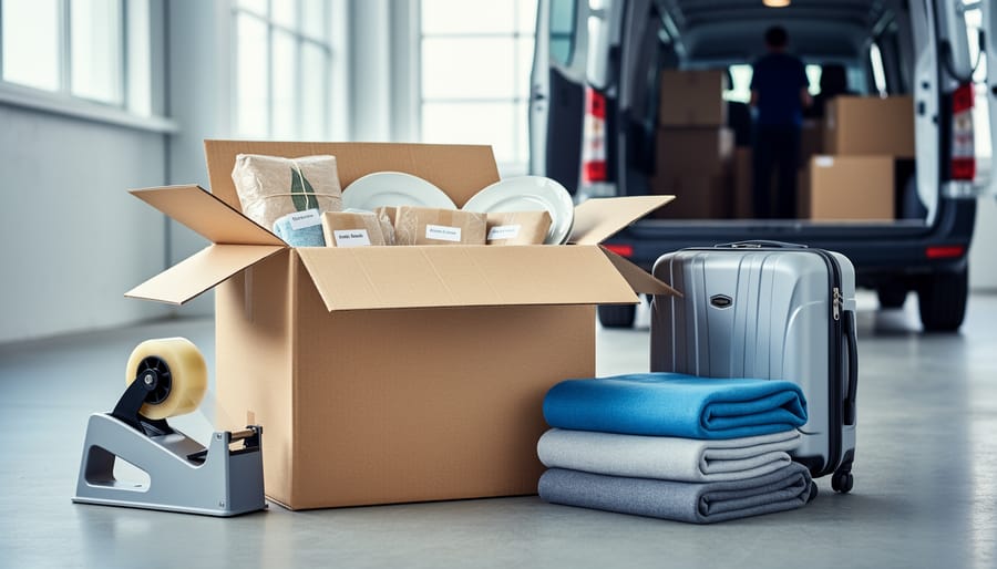 Packing supplies and household items in moving boxes next to a partially loaded moving truck door, suggesting organized long-distance relocation.