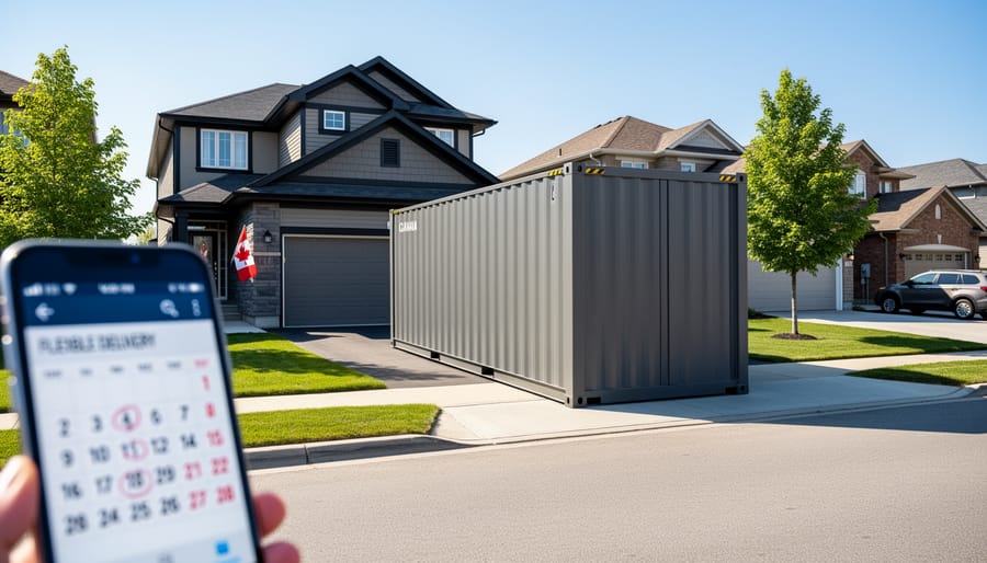 A moving container parked at a Canadian home driveway with a person preparing packing supplies beside it