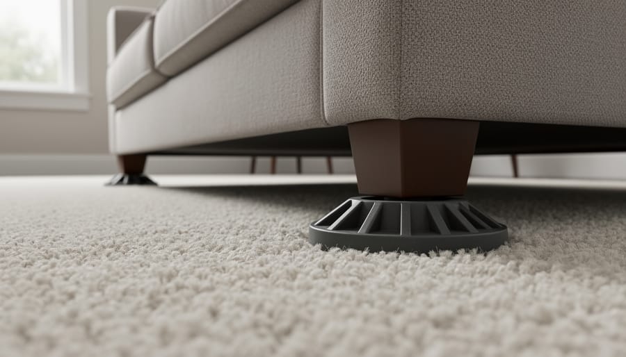 Polyethylene furniture sliders positioned under a sofa leg on carpet for easier gliding.