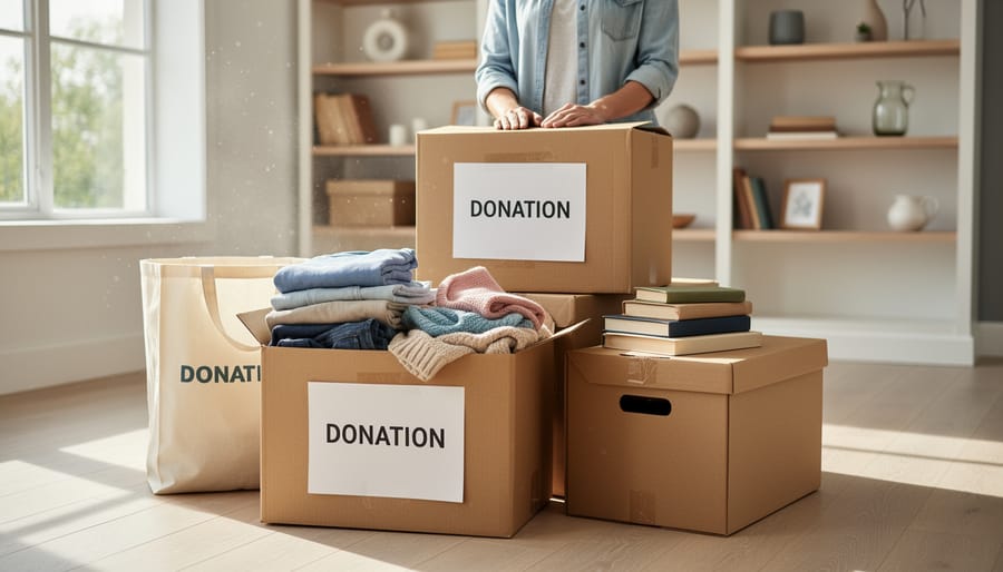 Person preparing downsizing boxes and a donation bag in a bright, decluttered living room