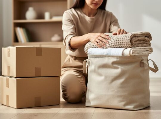 Person organizing donation items and packed moving boxes in a bright room, with shelves cleared to create open space for downsizing.