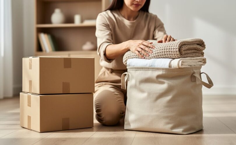 Person organizing donation items and packed moving boxes in a bright room, with shelves cleared to create open space for downsizing.