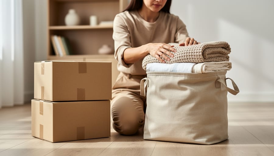 Person organizing donation items and packed moving boxes in a bright room, with shelves cleared to create open space for downsizing.