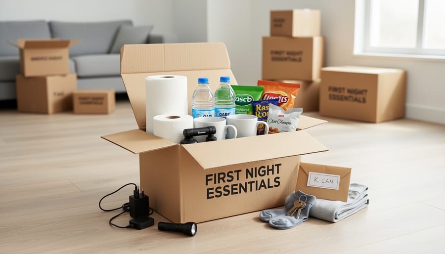 Essentials box with toiletries, chargers, and tools placed near a bed in a new home