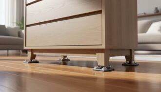 A wooden dresser pushed smoothly across a hardwood floor with furniture sliders under its legs, showing floor-friendly movement without scratching.