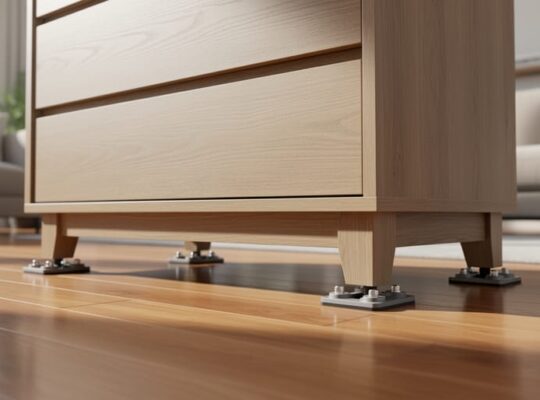 A wooden dresser pushed smoothly across a hardwood floor with furniture sliders under its legs, showing floor-friendly movement without scratching.