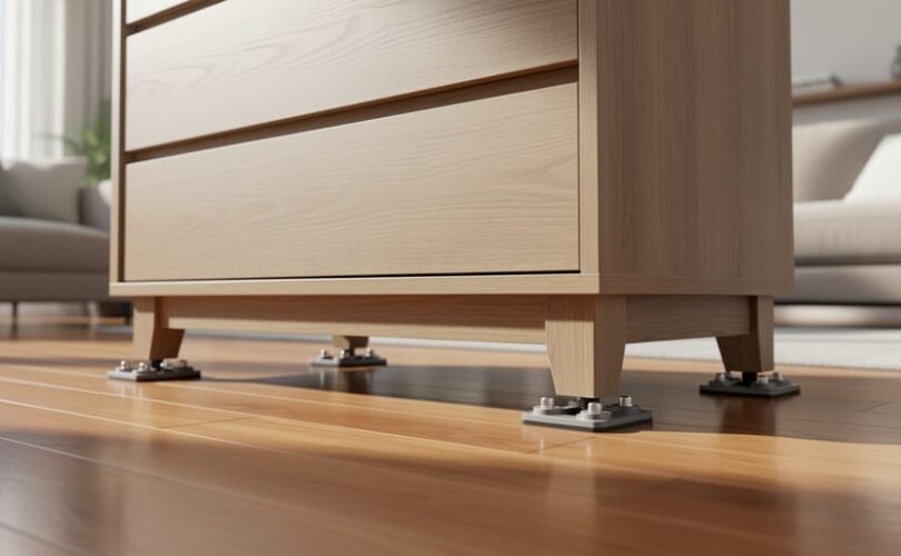 A wooden dresser pushed smoothly across a hardwood floor with furniture sliders under its legs, showing floor-friendly movement without scratching.