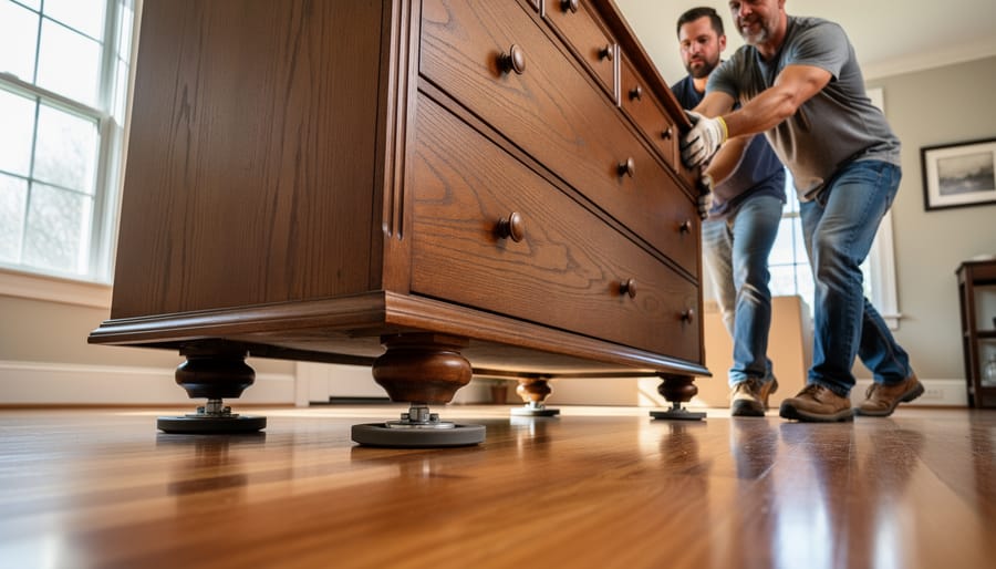 Moving crew sliding a wooden dresser on felt furniture sliders over a hardwood floor.
