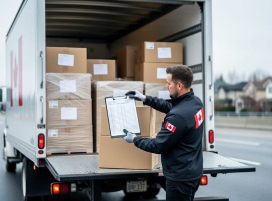 “A moving worker loading wrapped boxes onto a white transport truck, with a clipboard nearby, illustrating long-distance moving quotes for Canada.”