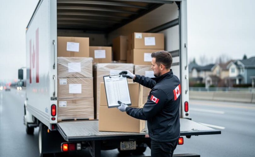 “A moving worker loading wrapped boxes onto a white transport truck, with a clipboard nearby, illustrating long-distance moving quotes for Canada.”