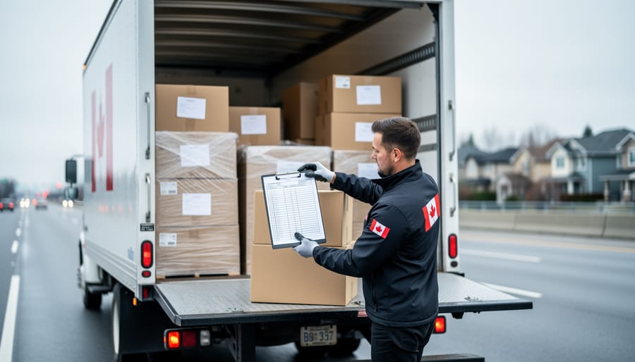 “A moving worker loading wrapped boxes onto a white transport truck, with a clipboard nearby, illustrating long-distance moving quotes for Canada.”