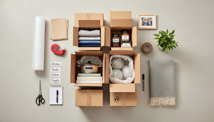 Overhead view of folded clothing, reusable packing paper, and a measuring tape for downsizing