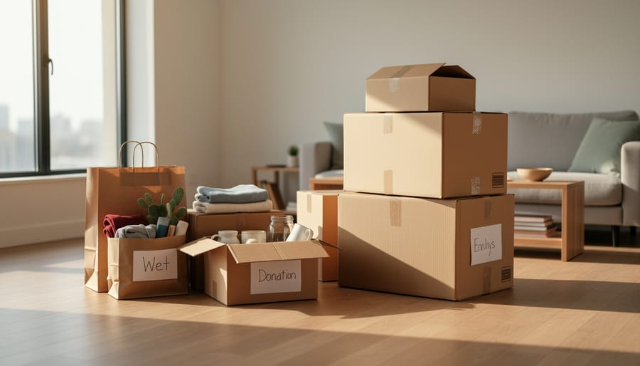 Sunlit, partially packed room with moving boxes, donated items by the door, and cleared space