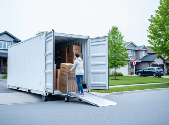 A moving container at a Canadian home’s curb with a homeowner loading boxes into the container doorway.