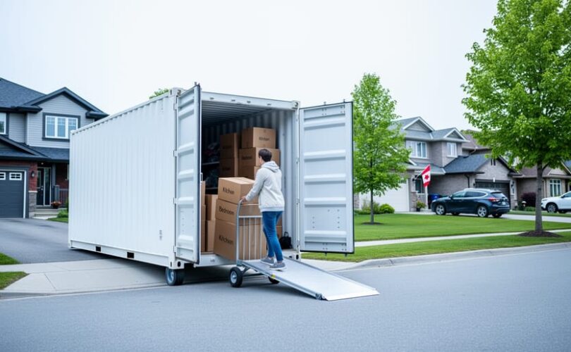 A moving container at a Canadian home’s curb with a homeowner loading boxes into the container doorway.