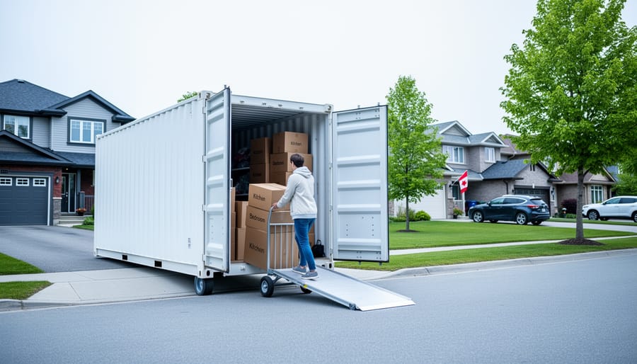 A moving container at a Canadian home’s curb with a homeowner loading boxes into the container doorway.