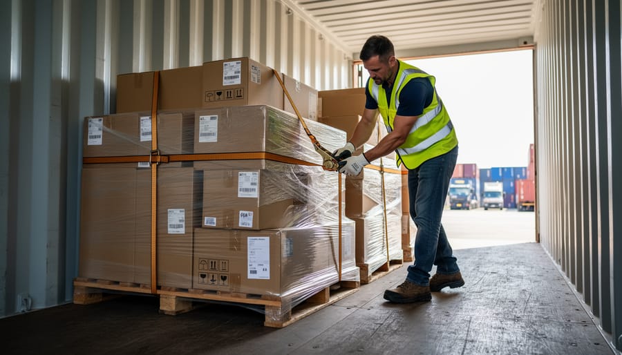 Close-up of ratchet straps securing boxes inside a moving container