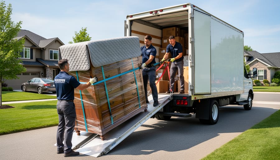 Moving crew securing a wooden wardrobe inside a moving truck with straps and protective padding