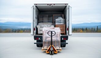 A moving truck loaded with wrapped furniture, secured for a long-distance relocation across Canada, with a pallet jack assisting the loading in the background.