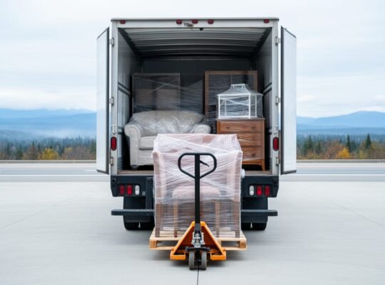 A moving truck loaded with wrapped furniture, secured for a long-distance relocation across Canada, with a pallet jack assisting the loading in the background.