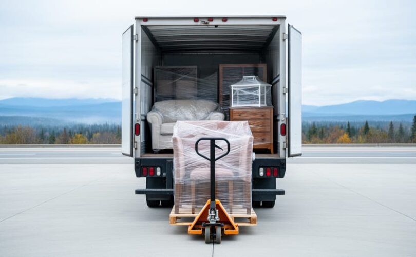 A moving truck loaded with wrapped furniture, secured for a long-distance relocation across Canada, with a pallet jack assisting the loading in the background.