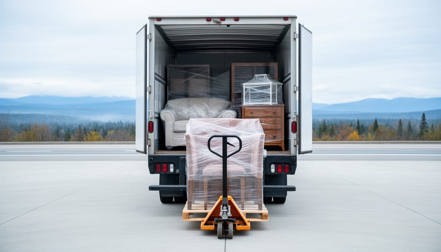 A moving truck loaded with wrapped furniture, secured for a long-distance relocation across Canada, with a pallet jack assisting the loading in the background.
