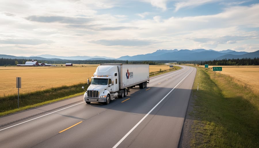 Long-distance moving truck driving on an open Canadian highway at golden hour