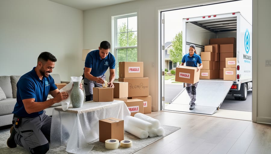 Movers wrapping furniture and preparing items inside a moving truck