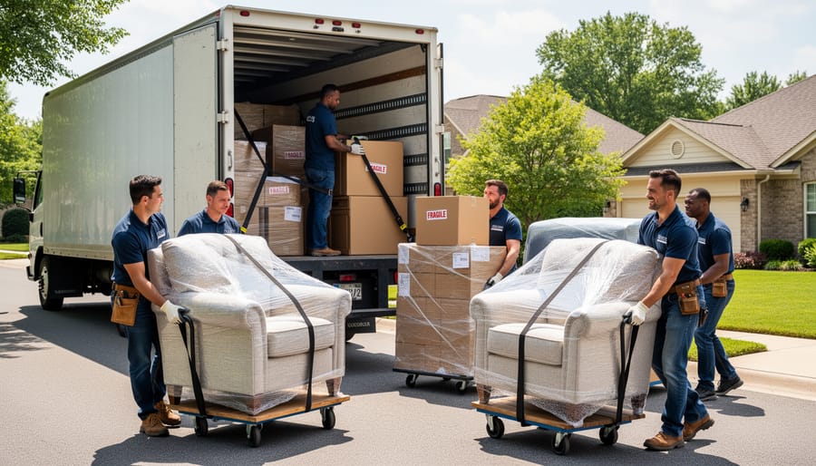 Movers lifting a wrapped sofa into a moving truck loading bay