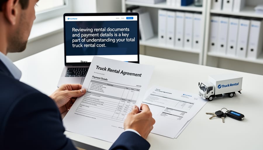 Rental truck key fob and payment documents on a kitchen table