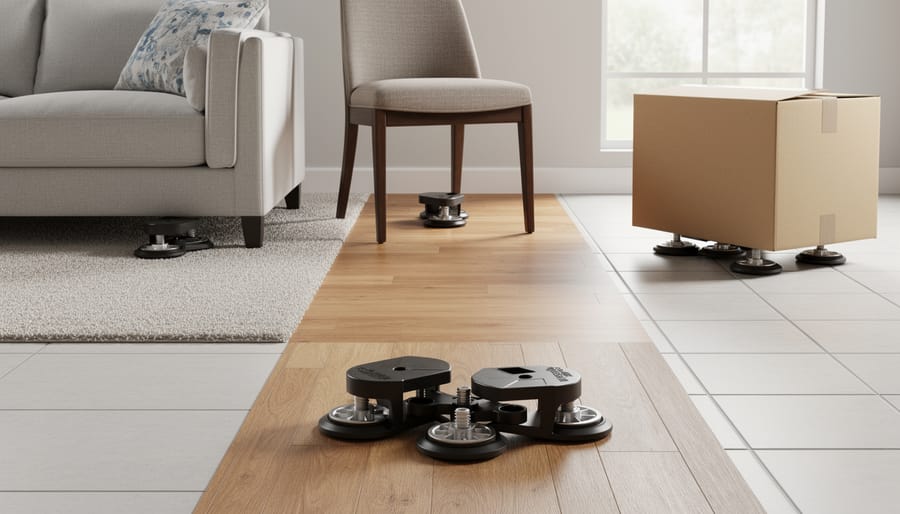 Reusable furniture slider set with felt and plastic sides placed near a moving cart in a living room.