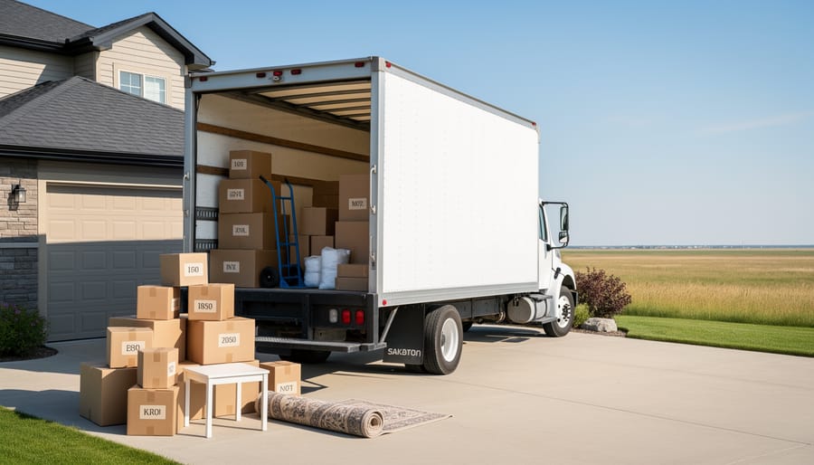 Moving truck being loaded with boxes and moving blankets