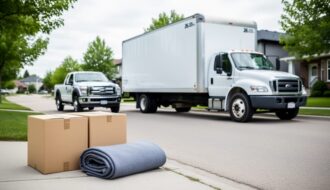 White moving truck rental parked in a residential neighborhood in Saskatoon with moving boxes and a rolled blanket in the foreground.