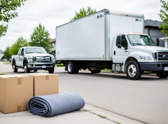 White moving truck rental parked in a residential neighborhood in Saskatoon with moving boxes and a rolled blanket in the foreground.