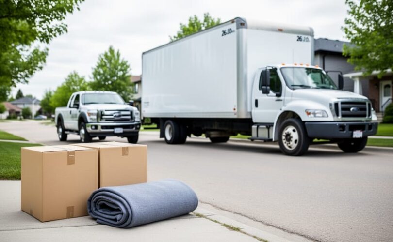 White moving truck rental parked in a residential neighborhood in Saskatoon with moving boxes and a rolled blanket in the foreground.