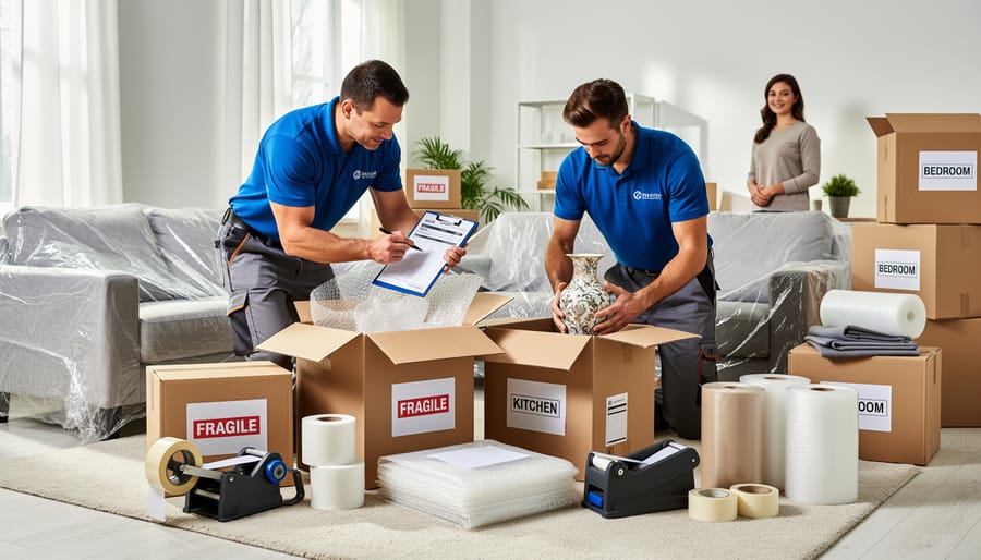Close-up of securely packed moving boxes with packing tape and protective paper
