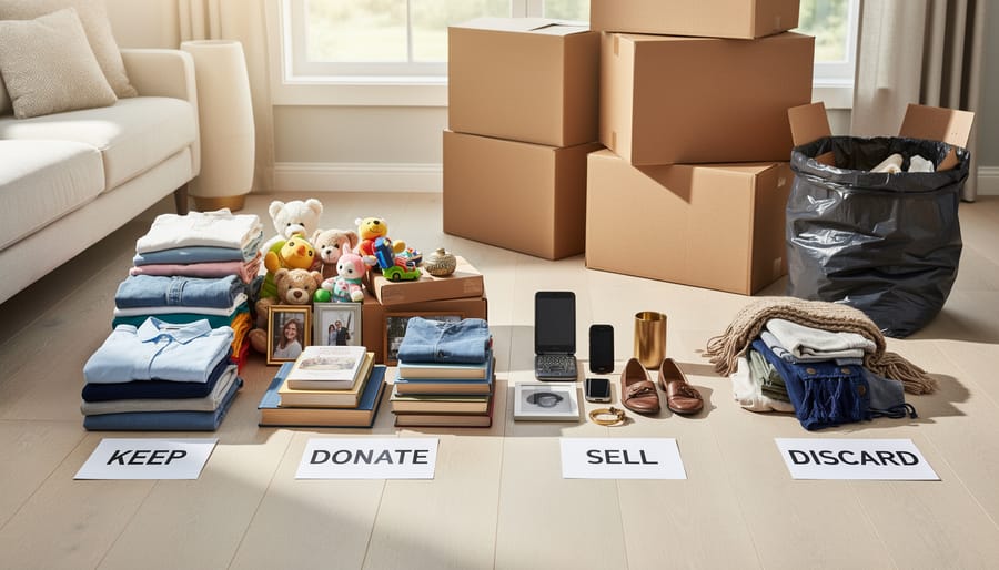 Household items sorted into multiple piles for a long-distance move