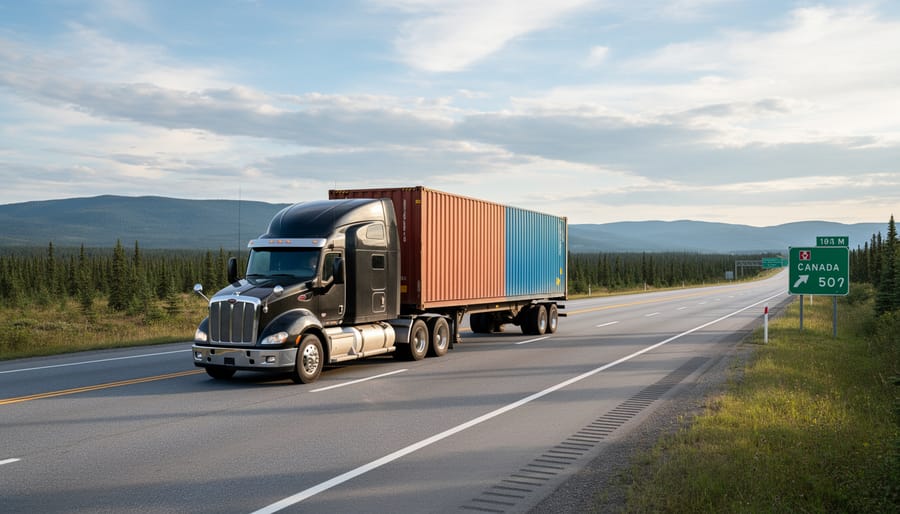 A truck hauling a loaded moving container along a Canadian highway at sunset