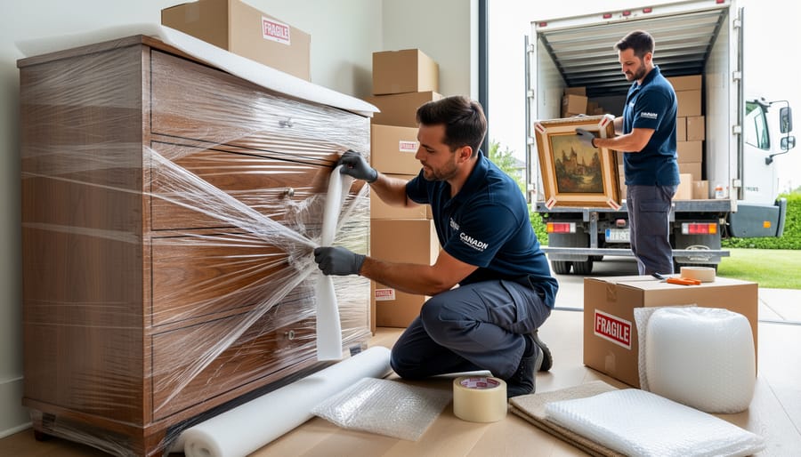Hands wrapping a dining table with moving blanket and stretch film